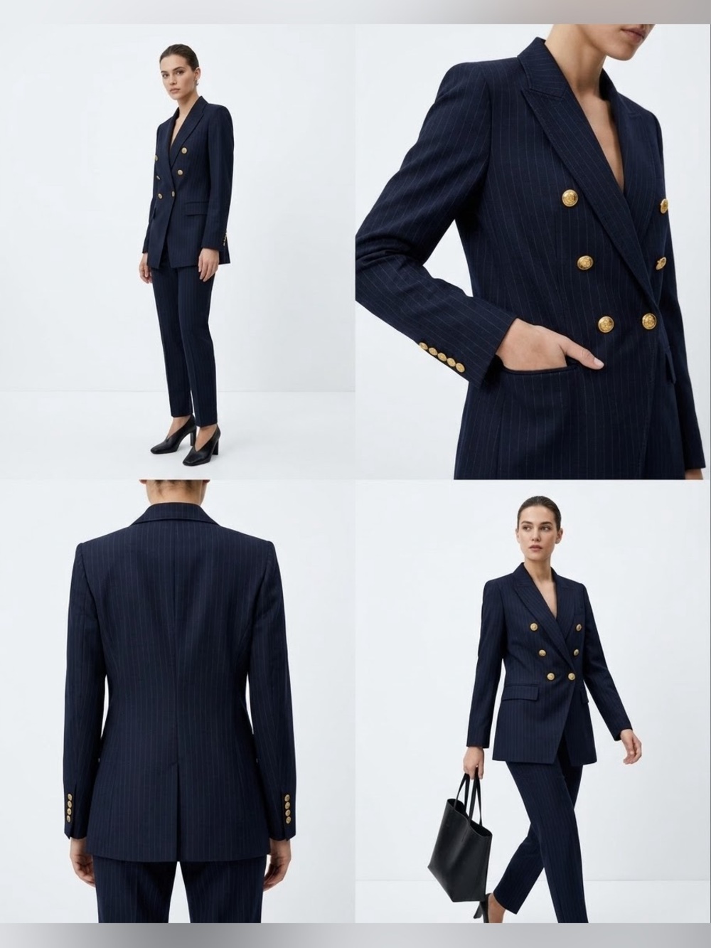 Zara Navy Pinstripe Double-Breasted Blazer with Gold Buttons